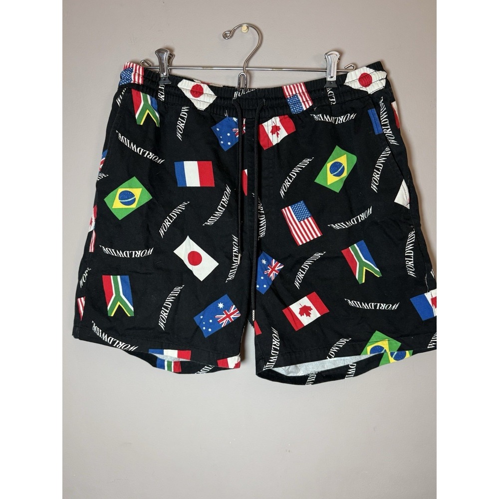 Forever 21 Mens Casual Shorts‎ Black World Flags Pockets Drawstring Size Large